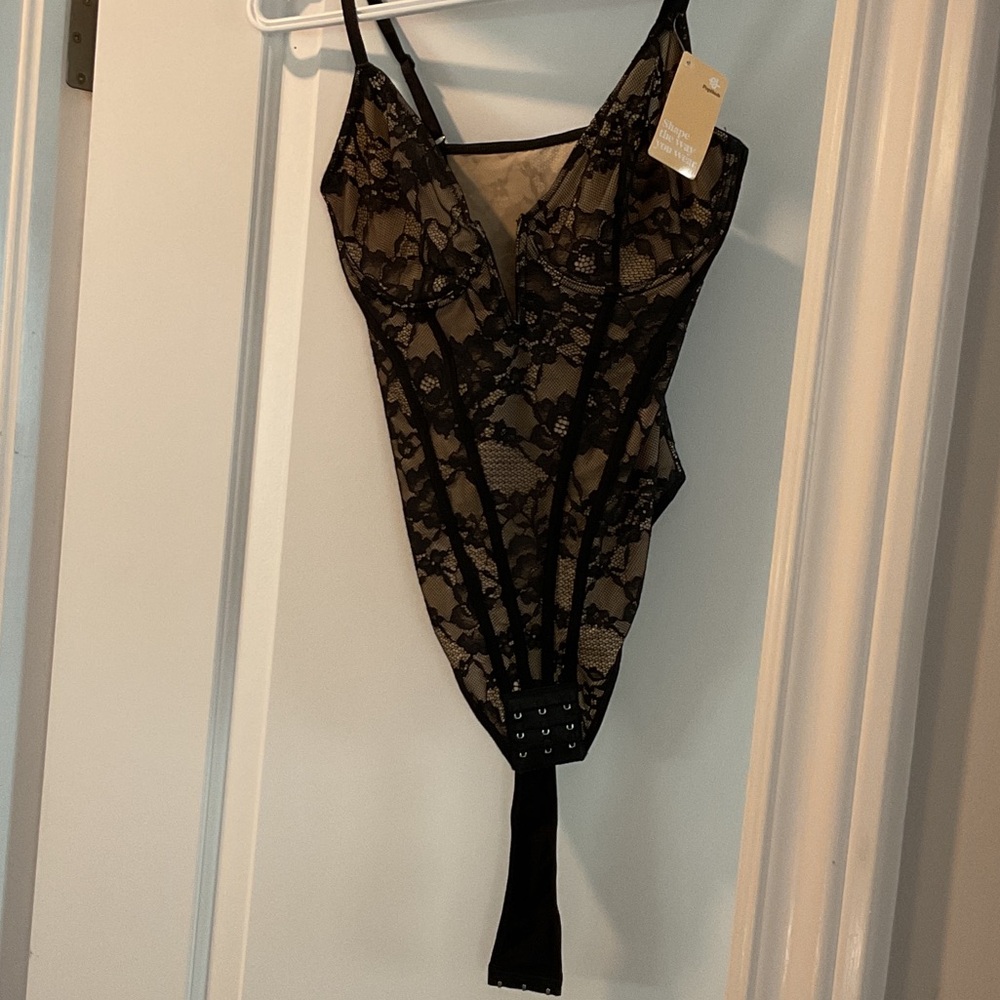 Sheer Black Lace Bodysuit Shapewear with Hook-Closure